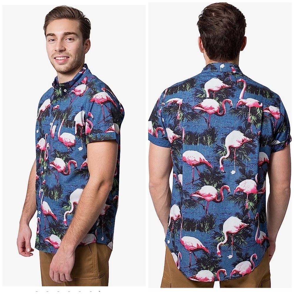 BROOKLYN Cloth Mfg. Co. Hawaiian Flamingo Print Short Sleeve Button Down Shirt